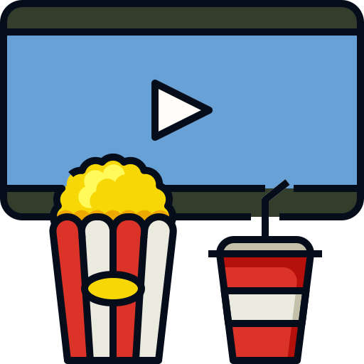 a movie screen with popcorn and a drink